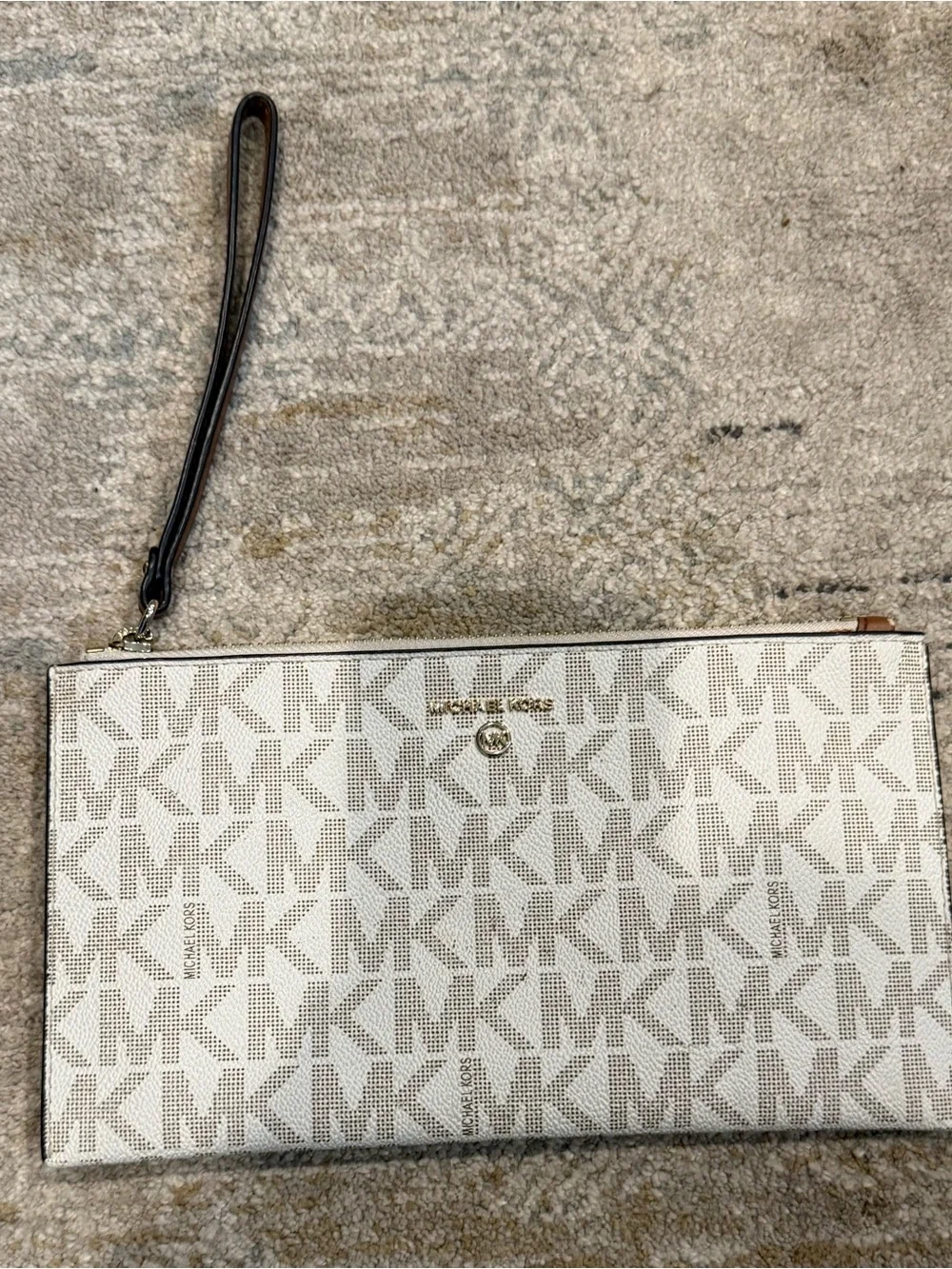 Michael Kors White & Brown MK Logo Wristlet Clutch